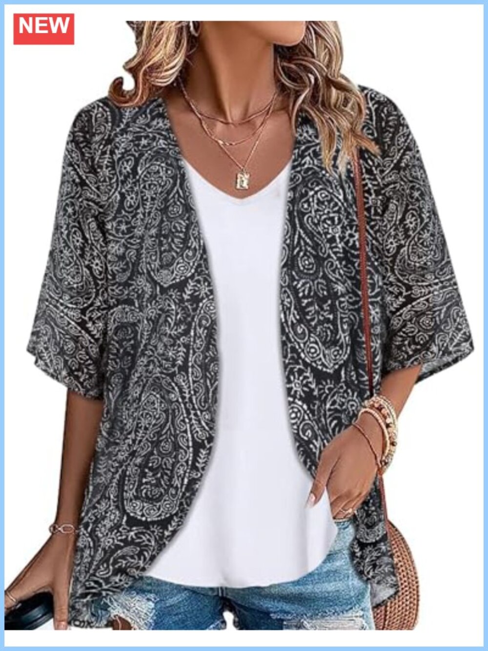 Womens Chiffon Kimono Beach Cover Up Loose Floral 3/4 Sleeve Summer Cardigan